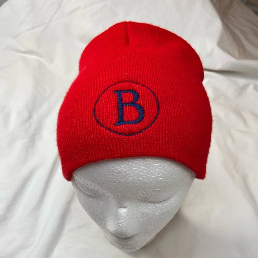 Red Knit Beanie with Blue 'B' Embroidery
